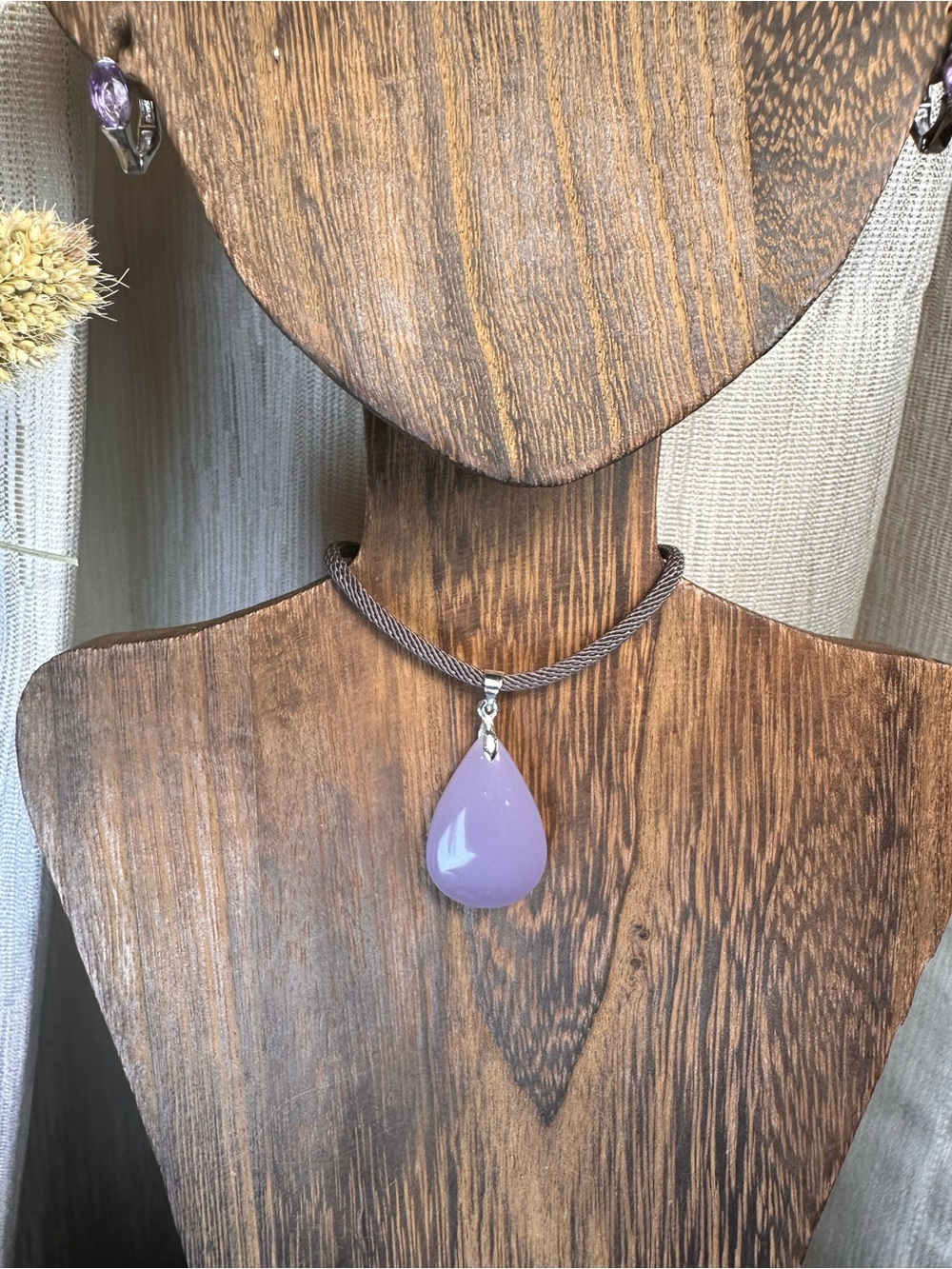 Lavender Teardrop Pendant Necklace on Brown Rope - Picture 10 of 15